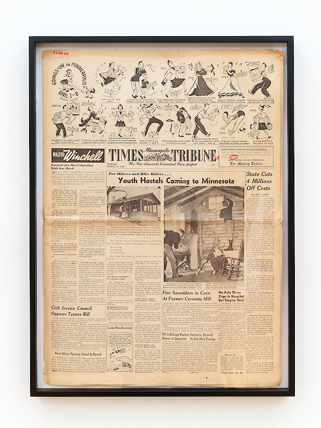 Benoît Maire, a fake, Minneapolis Times Tribune, 12 October 1939, 2017, pen on newspaper, frame, 64&nbsp;×&nbsp;47&nbsp;×&nbsp;3.5 cm
