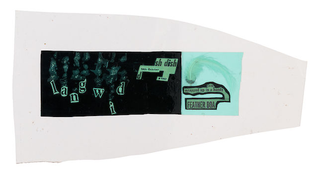 Dom Sylvester Houédard langwid / hommage to Ronald Firbank (16th October 1967), 1967 Laminated assemblage (recto-verso, offset text, glue, feather, metal gear) 16,3&nbsp;×&nbsp;31,4&nbsp;×&nbsp;0,1 cm
