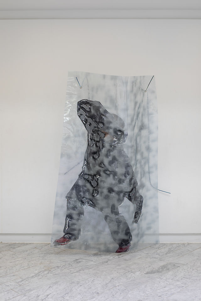 Sandra Mujinga, Camouflage Waves 1–3, 2018, Inkjet print on film, soft pvc, gormets, threaded rods 194 cm&nbsp;×&nbsp;128 cm