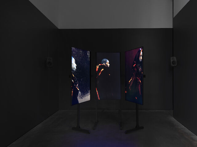 Pervasive Light, 2021, Three-channel video installation, Asyncronised loops, each: 16:15 minutes. Installation view 2021 Triennial: Soft Water Hard Stone, 2021, New Museum, New York, photo by Dario Lasagni
