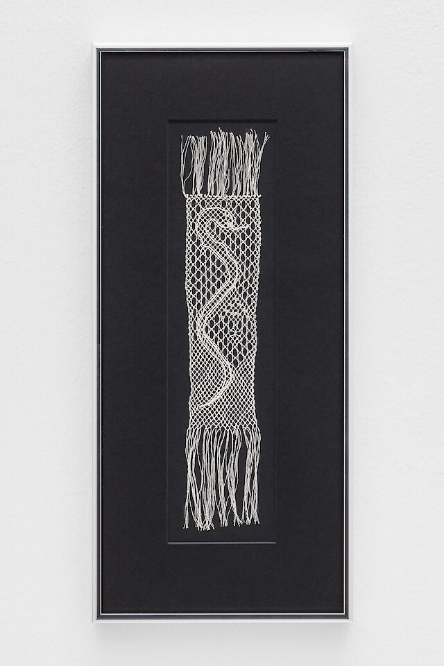 Charlotte Johannesson, Snake, 2023–24, bobbin lace, 30&nbsp;×&nbsp;10.5 cm, 43&nbsp;×&nbsp;19.5 cm (framed)