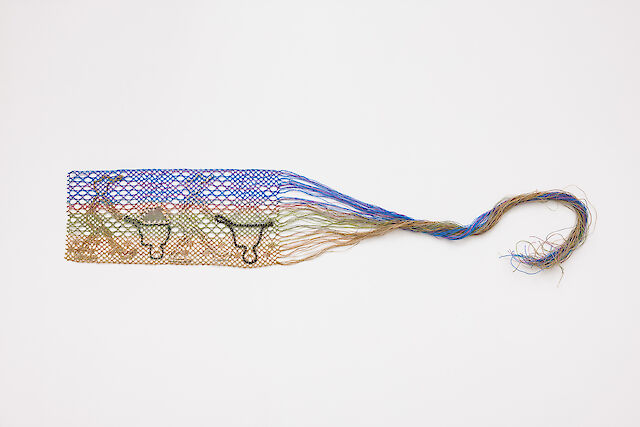 Charlotte Johannesson, Two Workers, 2023–24, bobbin lace, 12&nbsp;×&nbsp;40&nbsp;×&nbsp;0.2 cm