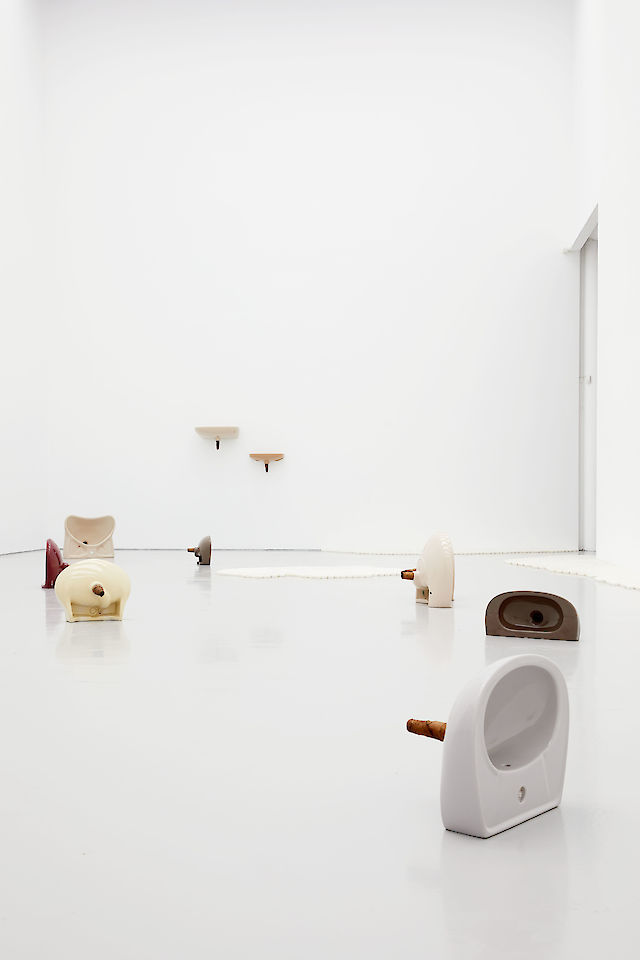 Nina Beier, Plug, 2018, Ceramic sinks, hand-rolled cigars, installation view, European Interiors, 2018, Spike Island, Bristol