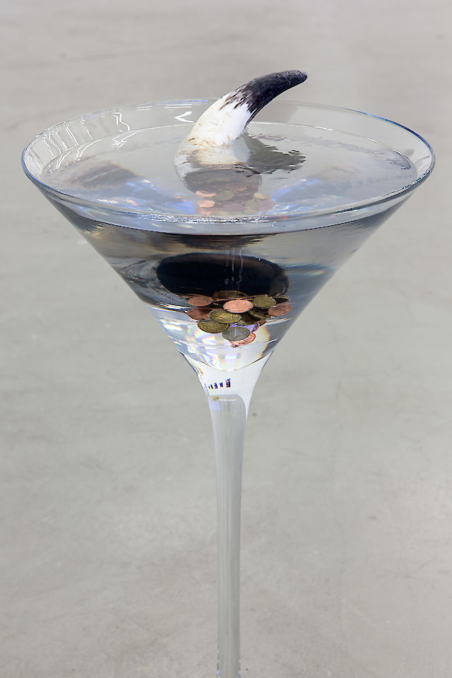 Nina Beier, Plunge, 2015 (detail), Glass, polyester resin, horn, copper and brass coins, 67,5&nbsp;×&nbsp;34,5&nbsp;×&nbsp;33,5 cm
