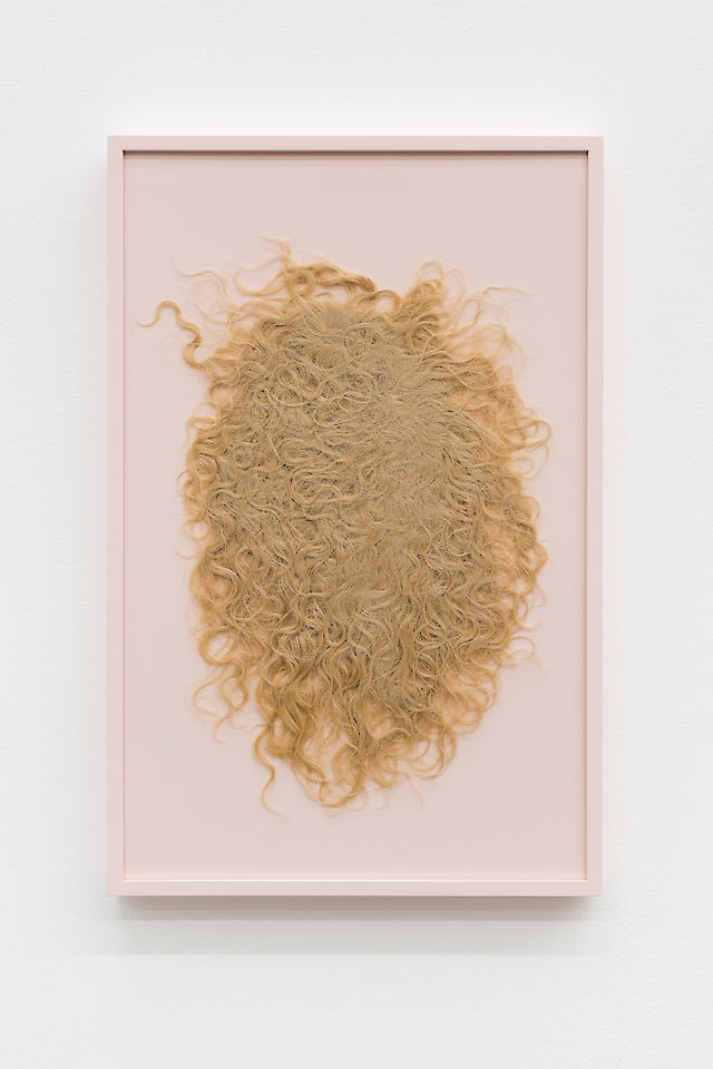 Nina Beier, Honey Blonde Wild Ringlet, 2015, real hair wig, painted frame, 64,8&nbsp;×&nbsp;41,9 cm