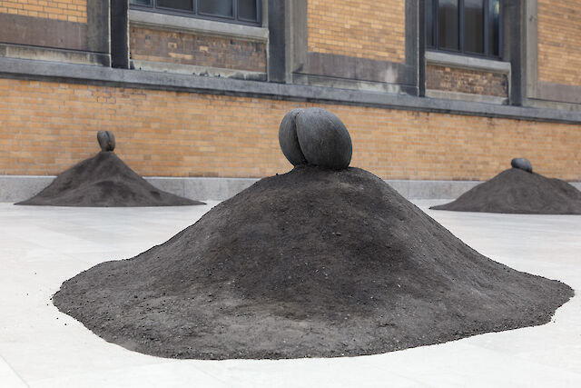 Nina Beier, Female Nude, 2015, 5 Lodoicea seed, fertilized dirt, 5 sculptures, each up to: ø 200 cm, installation view SMK, Copenhagen, 2021, photo by Frida Gregersen