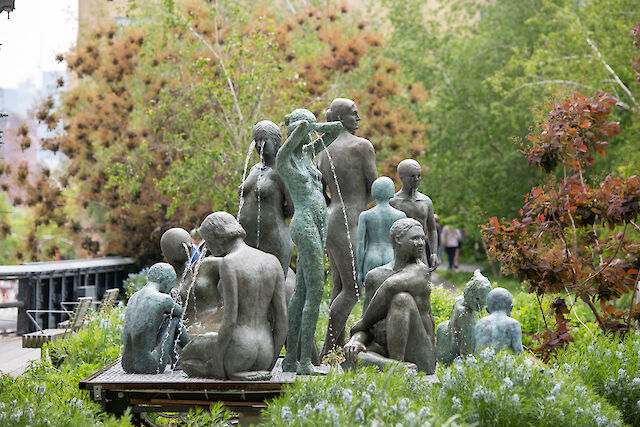Nina Beier, Women &amp; Children, 2022, found bronze sculptures, dimensions variable, installation view The High Line, New York, photo by Timothy Schenck