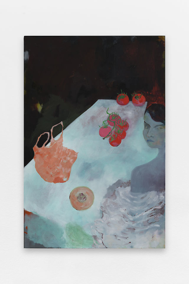 Georgia Gardner Gray, Selfportrait with Tomatoes, 2019, Oil on canvas, 105&nbsp;×&nbsp;70 cm, photo by Aurelien Mole