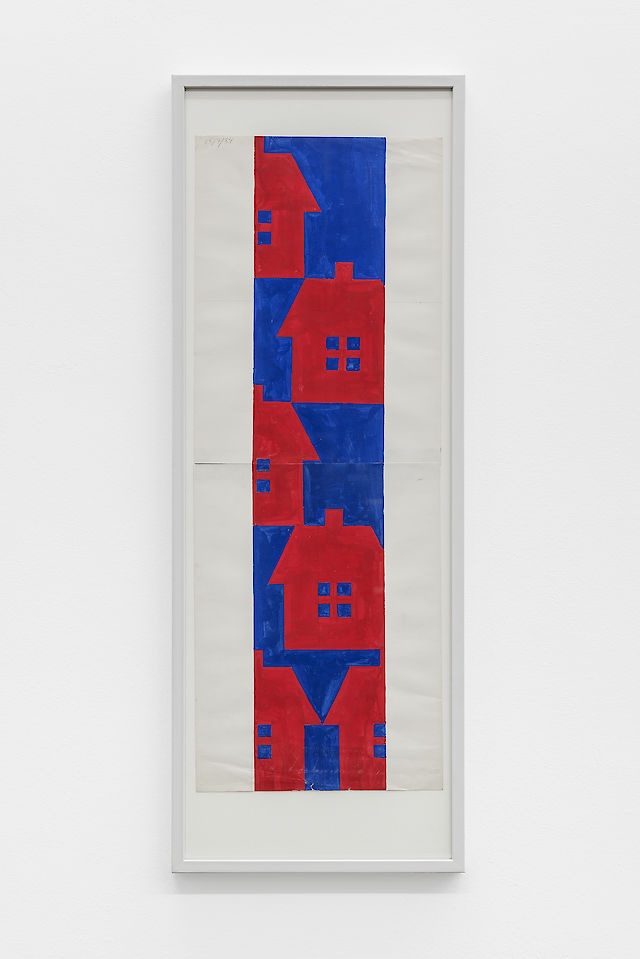 Albert Mertz, Untitled (four houses, falling), 1984, gouache on paper, framed, 75&nbsp;×&nbsp;30 cm, framed: 97&nbsp;×&nbsp;35&nbsp;×&nbsp;3 cm