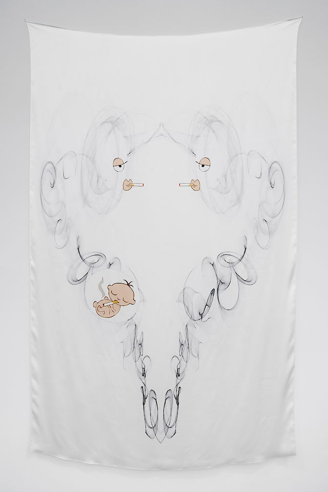 Marlie Mul, Cigarette Ends Here (Smoking Pregnant Woman, Baby, and Friend), 2012, Digital print on silk, 220&nbsp;×&nbsp;130 cm
