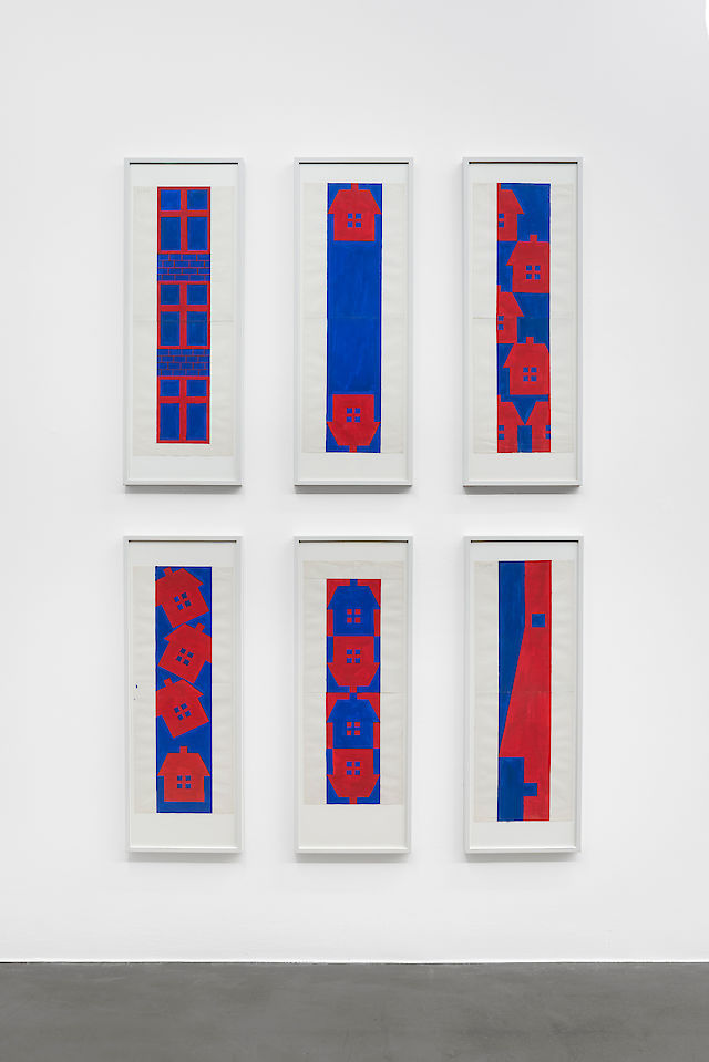 Albert Mertz, Untitled (windows), Untitled (two houses), Untitled( six houses), Untitled (four houses falling), Untitled (Four houses), Untitled (Long profile), All Gouache on paper, 1984