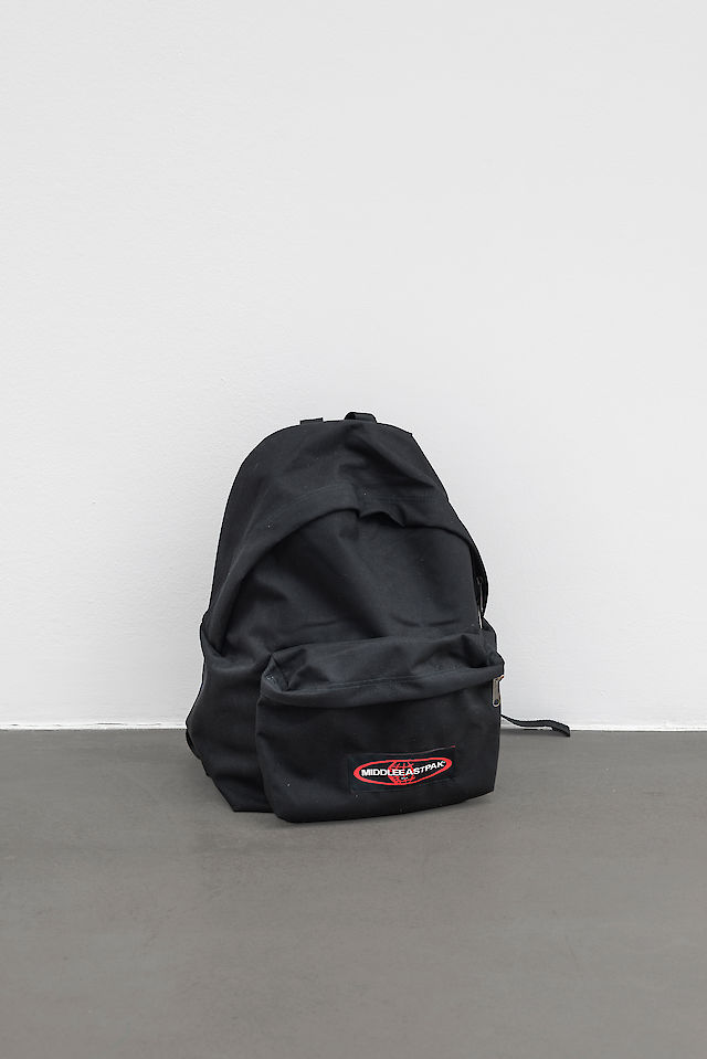 Anahita Razmi, MiddleEastPak, 2015, Backpack with altered logo, 40&nbsp;×&nbsp;30&nbsp;×&nbsp;18 cm