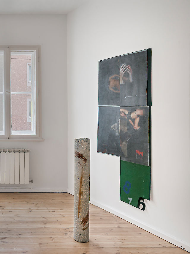 Darja Bajagic, I H8 U, 2015, Acrylic, graphite, UV print(s)on canvas, 163&nbsp;×&nbsp;98,5 cm
Underworld (1), 2015, Concrete, blood, 100cm ∅ 20&nbsp;cm