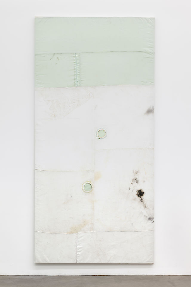 Ross Iannatti,  Hysteresis no. 21, 2013, Silicone coated nylon fabric, sodium azide, residue, wood, 245&nbsp;×&nbsp;120 cm