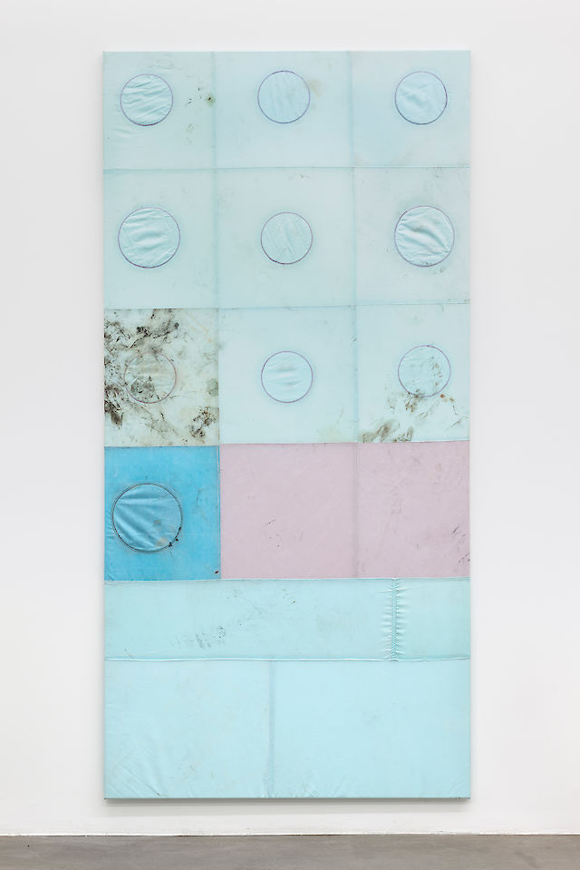 Ross Iannatti, Hysteresis no. 22, 2013, Silicone coated nylon fabric, sodium azide, residue, wood, 245&nbsp;×&nbsp;120 cm