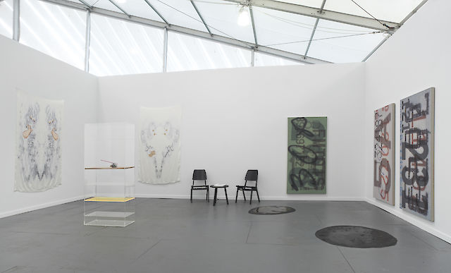 Installation view Frieze New York, 2015, featuring Benoît Maire, Marlie Mul, and Hugh Scott-Douglas