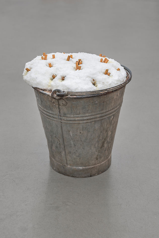 Marlie Mul, Cigarette Hedgehog, 2015, Aluminium bucket, polyurethane foam, acrylic paint, varnish, cellophane, cigarettes, 40 cm ø 30&nbsp;cm