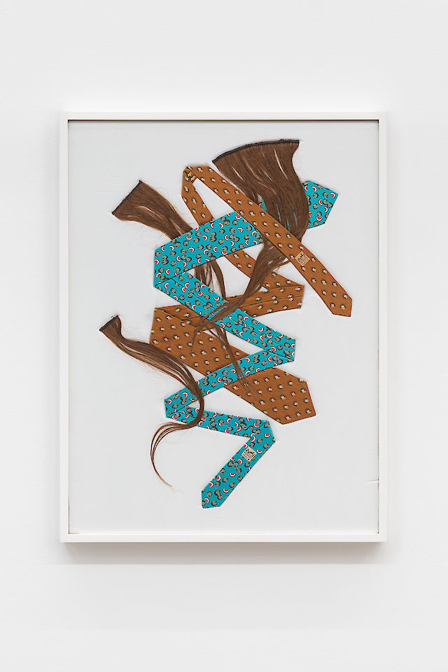 Nina Beier, Melons &amp; Owls, 2015, Hermés ties, real hair extensions, foam, fabric, frame, 80&nbsp;×&nbsp;60 cm