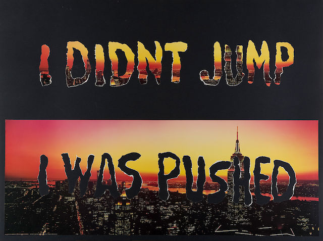 Mitchell Syrop, I Didnt Jump I Was Pushed, 1998, torn litho poster on board, 122&nbsp;×&nbsp;163 cm