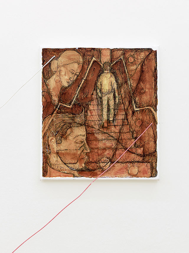 Ben Schumacher, No Chalet Line, 2017, Oil, ball pen and varnish on canvas, 37&nbsp;×&nbsp;33&nbsp;×&nbsp;2 cm