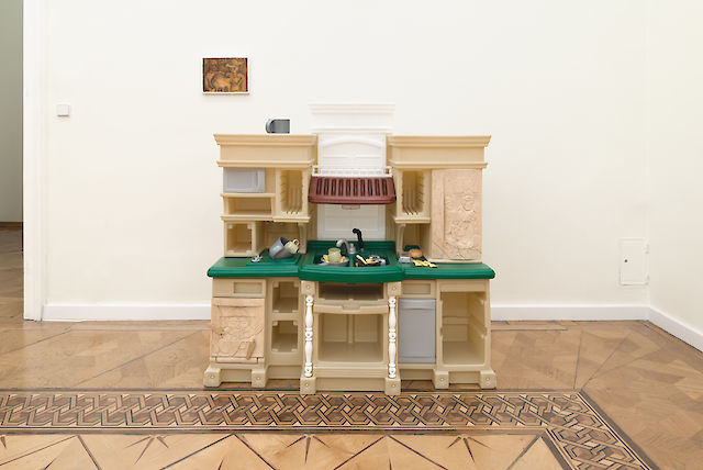 Ben Schumacher, The Man Child, 2017, plastic kitchen, lime wood, 128&nbsp;×&nbsp;126&nbsp;×&nbsp;46 cm