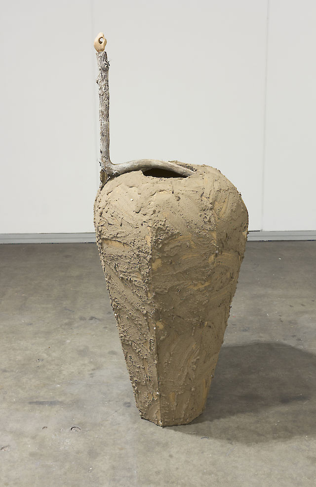 Birke Gorm, move (from the marrow to the bone, from the bone to the muscle, from the muscle to the skin, from the skin to the hair, and from the hair) away from here, 2017 Sand covered cardboard, cable binders, carved wood,&nbsp;wire