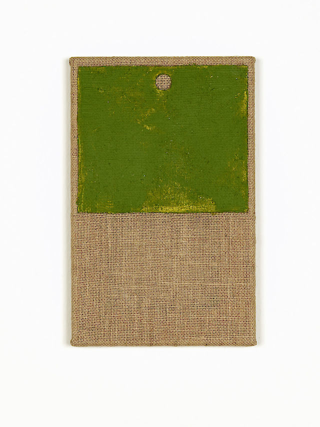 Nicolas Jasmin, Untitled (green gold), 1989, Mixed media on hessian, 33&nbsp;×&nbsp;21 cm