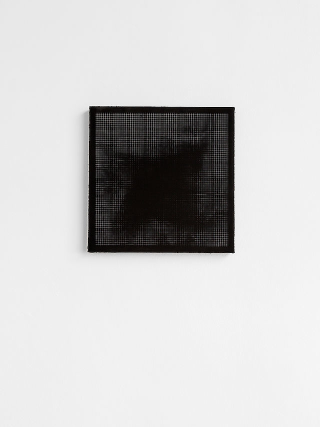 Nicolas Jasmin, Untitled (Random Grid #A), 2018, laser etched mixed media on hessian, 31,3&nbsp;×&nbsp;31,3 cm