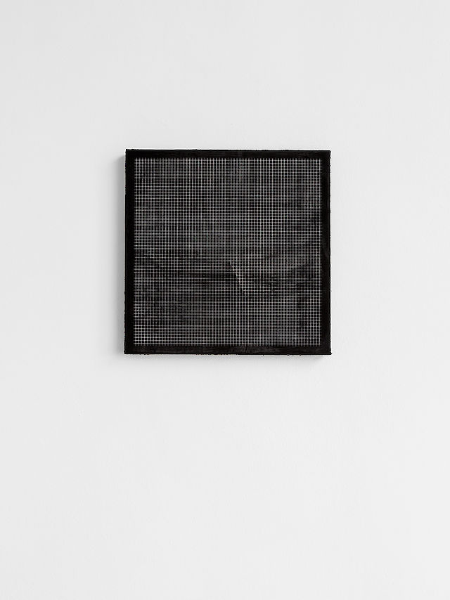 Nicolas Jasmin, Untitled (Random Grid #D), 2018, laser etched mixed media on hessian, 31,3&nbsp;×&nbsp;31,3 cm