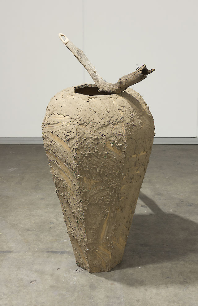 Birke Gorm, move (from the marrow to the bone, from the bone to the muscle, from the muscle to the skin, from the skin to the hair, and from the hair) away from here, 2017, Sand covered cardboard, cable binders, carved wood, wire, 100&nbsp;×&nbsp;50&nbsp;×&nbsp;50 cm
