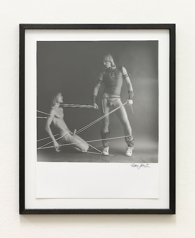 Peter Berlin, Peter Berlin Double Exposure with Hand Drawn Ropes, 1970s negative, Contemporary B/W Silver Gelatin Print with painted ropes, 34.9&nbsp;×&nbsp;27.3 cm, Courtesy of saxpublishers, Vienna and Peter Berlin, San Francisco