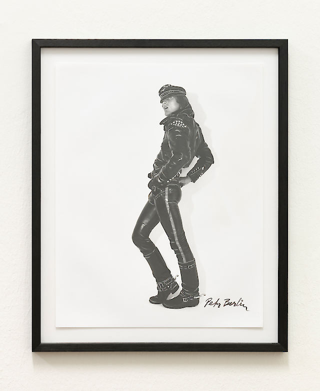 Peter Berlin, Solo Peter Berlin in Black Leather, 1970s, Vintage B/W Silver Gelatin Print with hand drawing, 35.6&nbsp;×&nbsp;27.9 cm, Courtesy of saxpublishers, Vienna and Peter Berlin, San Francisco