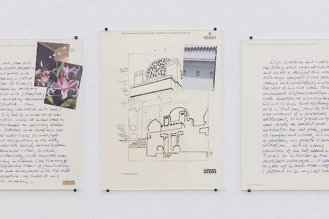 Installation view All’estero &amp; Dr. K.’s Badereise nach Riva: Version B, 2018: Marc Camille Chaimowicz, An Elliptical Retort…(Letter), 2009 (detail), Letter headed paper, ink, and images 13 pages: pages 1–5, 16&nbsp;×&nbsp;23 cm; page, 18,5&nbsp;×&nbsp;25 cm; pages 7–13, 18&nbsp;×&nbsp;26 cm