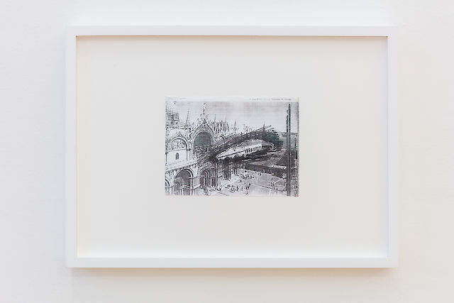 Installation view All’estero &amp; Dr. K.’s Badereise nach Riva: Version B, 2018: Tess Jaray, Sketch from a letter to W.G. Sebald, around 1999, Pencil on photocopy, 14&nbsp;×&nbsp;19 cm