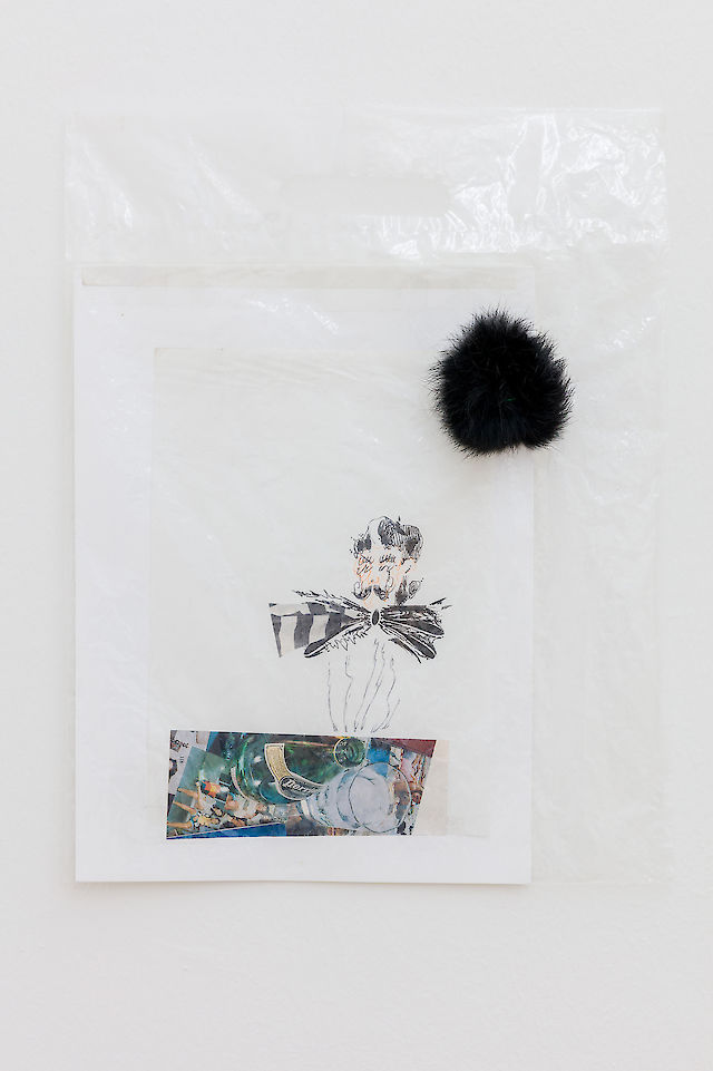 Installation view All’estero &amp; Dr. K.’s Badereise nach Riva: Version B, 2018: Whitney Claflin, Here for you, 2018, Plastic bag, fur, collage on paper, ink on aper, tape, thread, dimensions variable