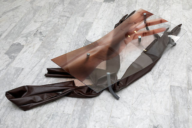 Sandra Mujinga, Release, 2018, PU leather, Clear plexiglass x 2, steel and silicon rubber Variable