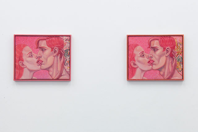 Soshiro Matsubara, left: kiss VIII, right: kiss IX, both 2018, Oil and acrylic on linen mounted on wood, 24&nbsp;×&nbsp;30 cm each, photo by Schiefe Zähne / Hannes Schmidt