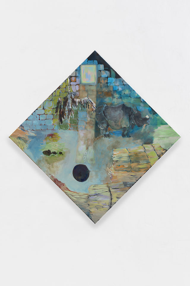 Georgia Gardner Gray, Rhino and Dead Bird, 2019, Oil and acrylic on canvas, 70&nbsp;×&nbsp;70 cm