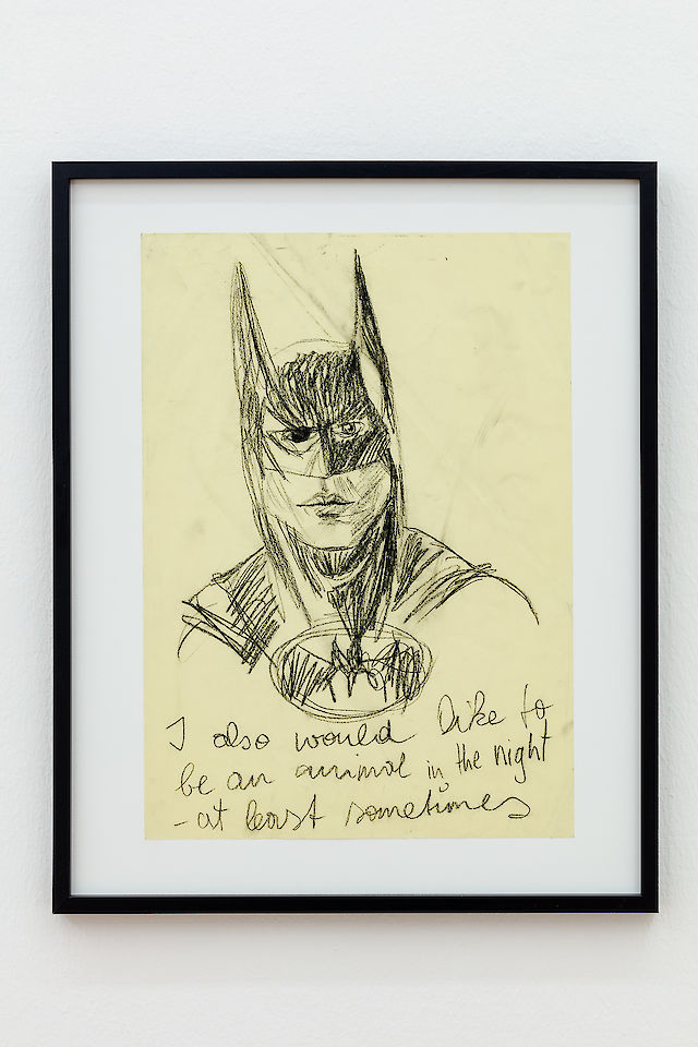Elke Silvia Krystufek, Batman – I also would like to, 1995, Black chalk on paper, 42&nbsp;×&nbsp;29.7 cm
