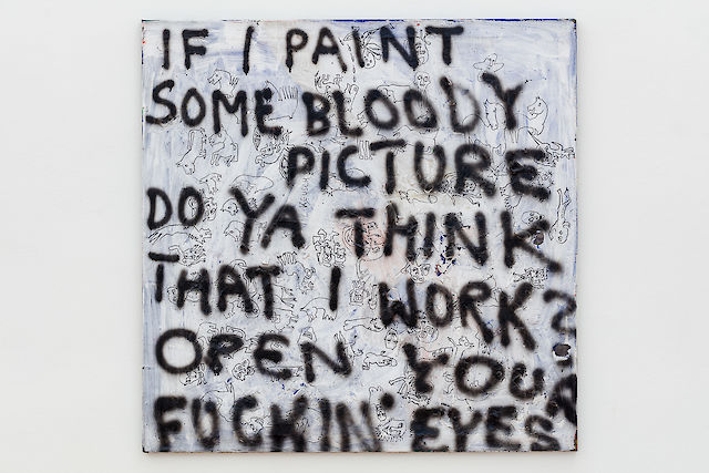Elke Silvia Krystufek, If I Paint, 1989, Acrylic, spray paint, pen and glass on canvas, 100&nbsp;×&nbsp;100 cm