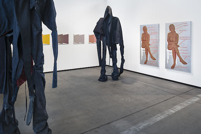 Installation view Art Berlin, 2019, Zoe Barcza, Nicolas Jasmin, Sandra Mujinga, photo: Joachim Schulz