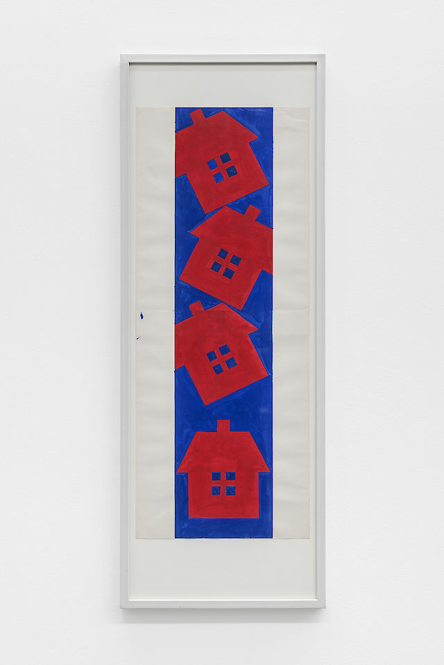 Albert Mertz, Untitled (four houses, falling), 1984, gouache on paper, framed, 75&nbsp;×&nbsp;30 cm, framed: 97&nbsp;×&nbsp;35&nbsp;×&nbsp;3 cm