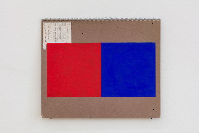 Albert Mertz, Untitled (R/B on board), 1970ies, Acrylic on cardboard (backside of a drawing block, incl. metal spiral and stickers), 38.5&nbsp;×&nbsp;46 cm