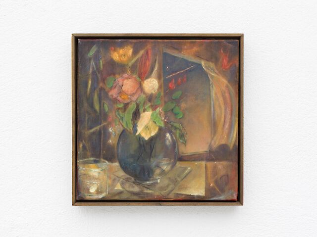 Ernst Yohji Jäger, Untitled (Flowers), 2021, distemper, oil on linen, 32&nbsp;×&nbsp;32 cm (framed)