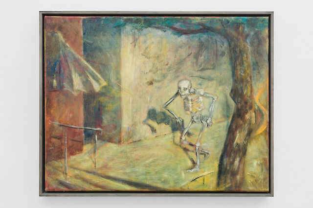 Ernst Yohji Jäger, Untitled (Stroll), 2021, distemper, oil pastels, oil on linen, 44.5&nbsp;×&nbsp;35 cm, 47&nbsp;×&nbsp;37&nbsp;×&nbsp;3.5 cm (framed)