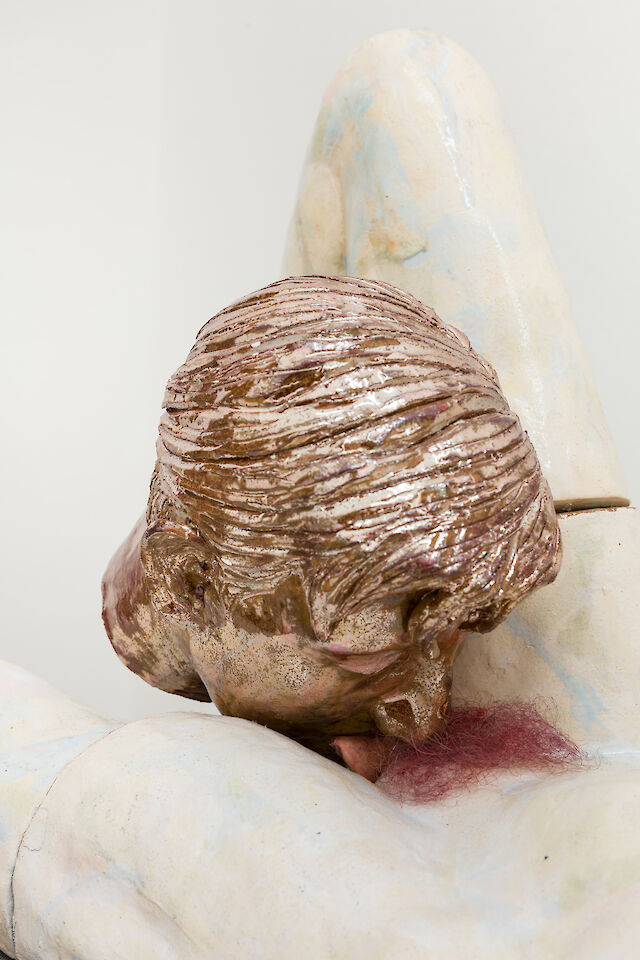 Soshiro Matsubara, Love Sick (detail), 2019–2021, glaced ceramic, oil paint, epoxy, artificial hair, rug, acrylic, wood, fabric, 156&nbsp;×&nbsp;98&nbsp;×&nbsp;54 cm