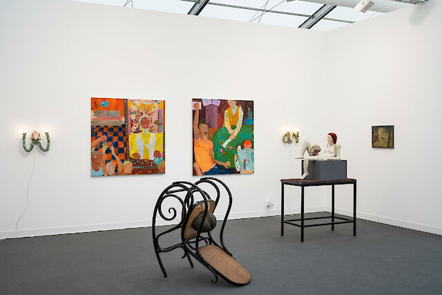Installation view Frieze London, 2021, Soshiro Matsubara, Georgia Gardner Gray, Nina Beier, Ernst Yohji Jaeger, Photo by Damian Griffiths