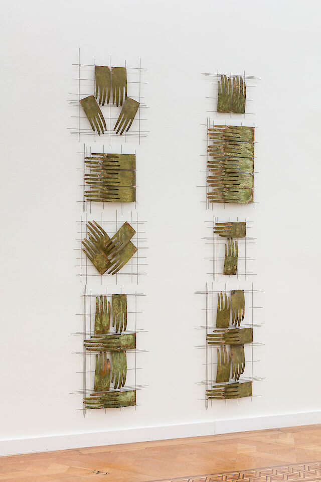 Iza Tarasewicz, Human Chord, 2021, copper, green patina, 224&nbsp;×&nbsp;114 cm