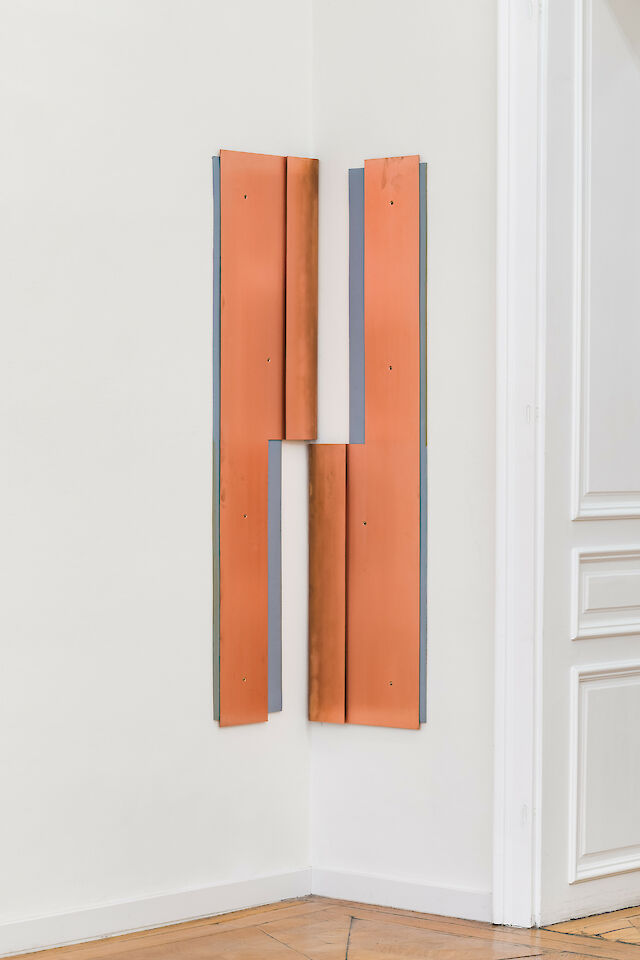 Marie Lund, Alibi, 2020, Copper, rubber, hardware, Each plate: 160&nbsp;×&nbsp;40 cm