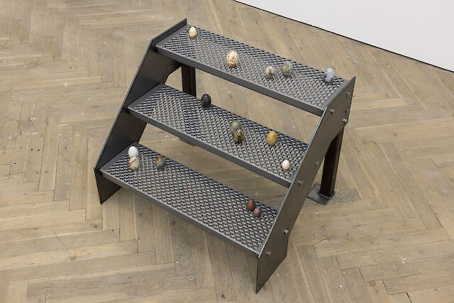 Nina Beier, Nest, 2022, Stone eggs, metal, hardware, 81&nbsp;×&nbsp;63&nbsp;×&nbsp;65 cm